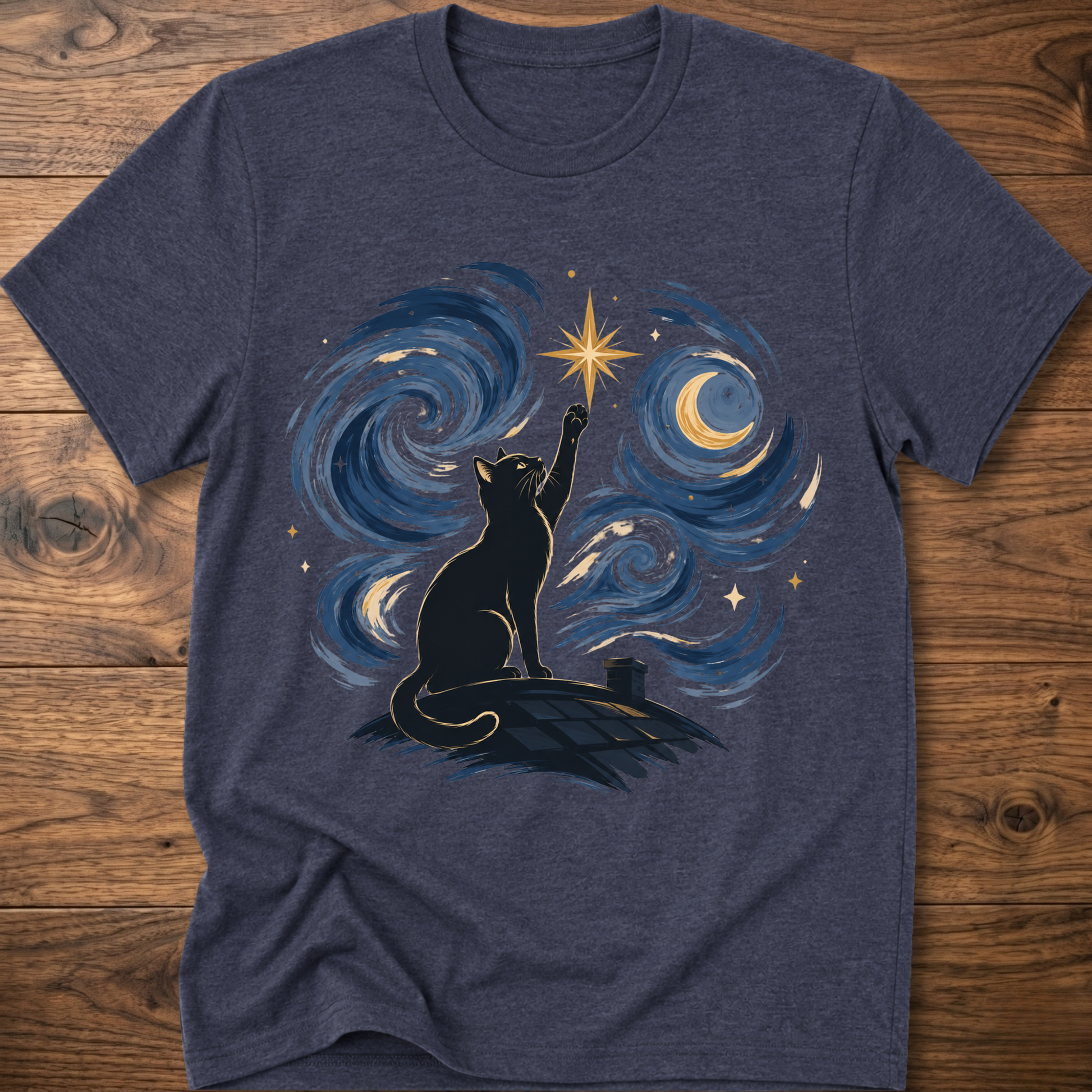 Heather navy crew-neck T-shirt with starry cat silhouette and blue swirl galaxy graphic