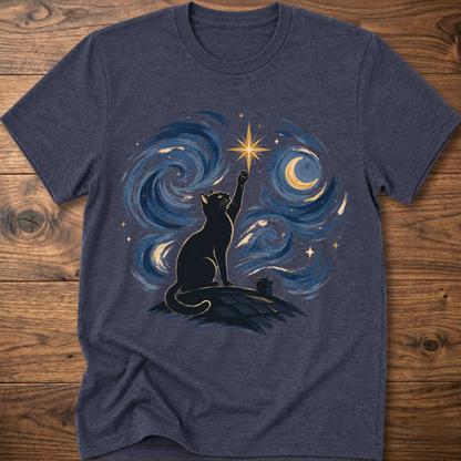Heather navy crew-neck T-shirt with starry cat silhouette and blue swirl galaxy graphic