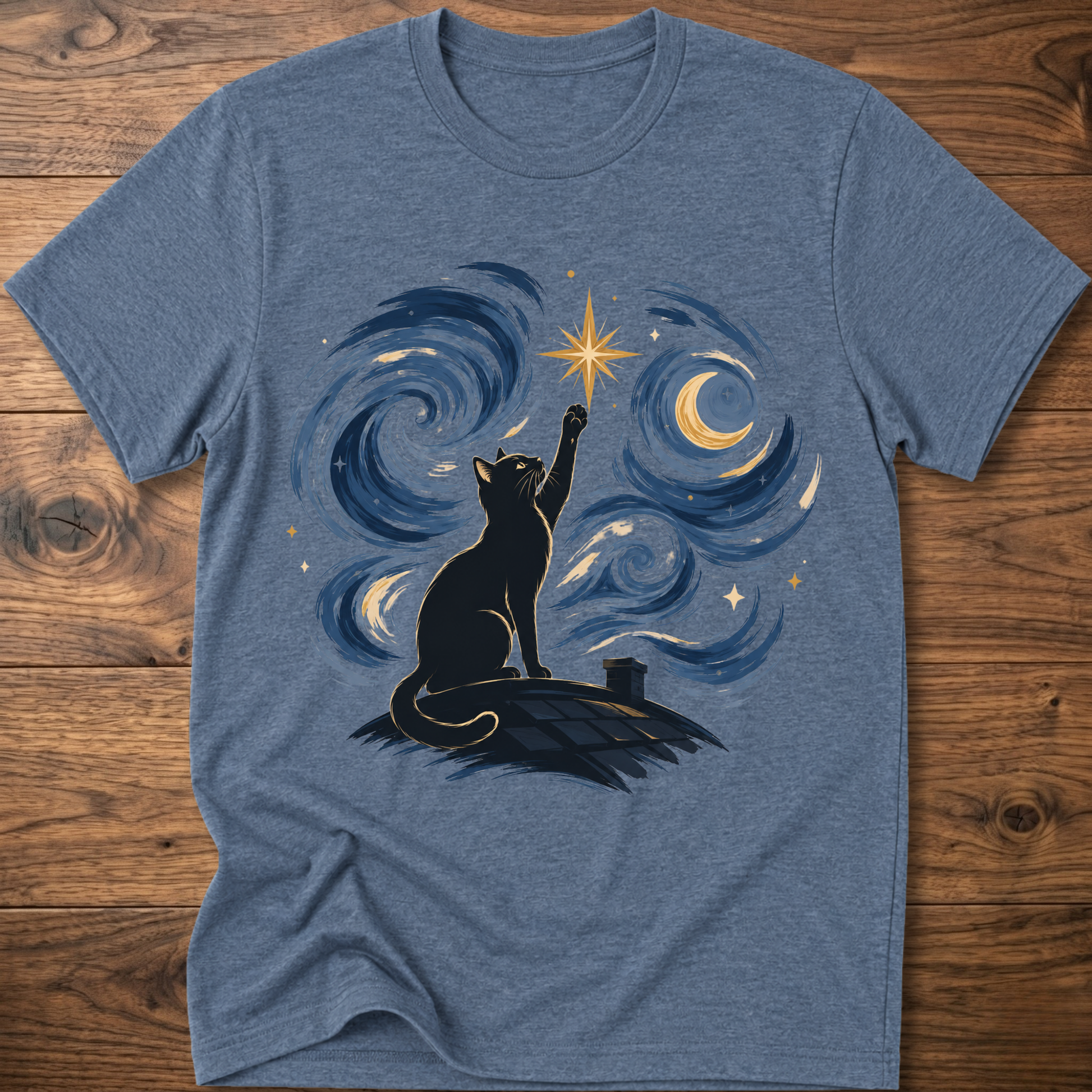 Heather blue crew-neck T-shirt with starry cat silhouette and blue swirl galaxy graphic
