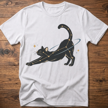 White cat constellation T-shirt with illustrated cat and star accents holding a wand