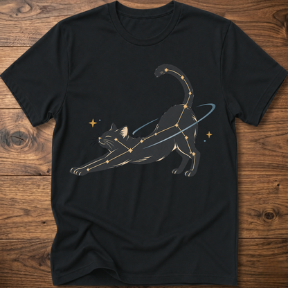 Black cat constellation T-shirt with illustrated cat and star accents holding a wand
