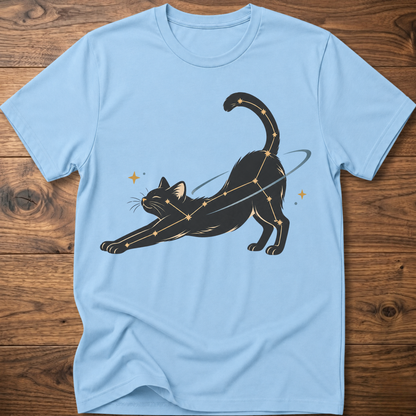 Light blue cat constellation T-shirt with illustrated cat and star accents holding a wand