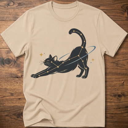 Beige cat constellation T-shirt with illustrated cat and star accents holding a wand