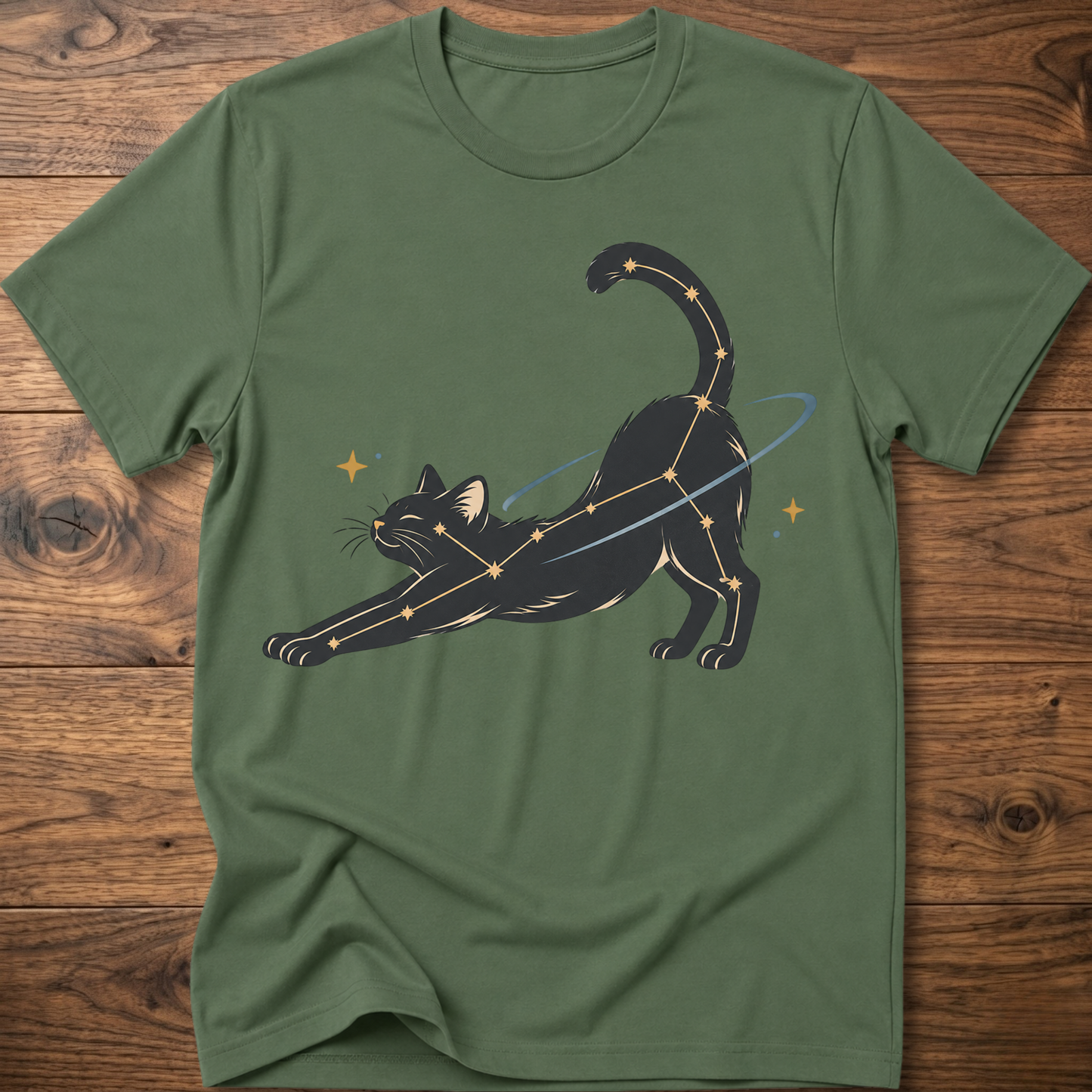 Military green cat constellation T-shirt with illustrated cat and star accents holding a wand