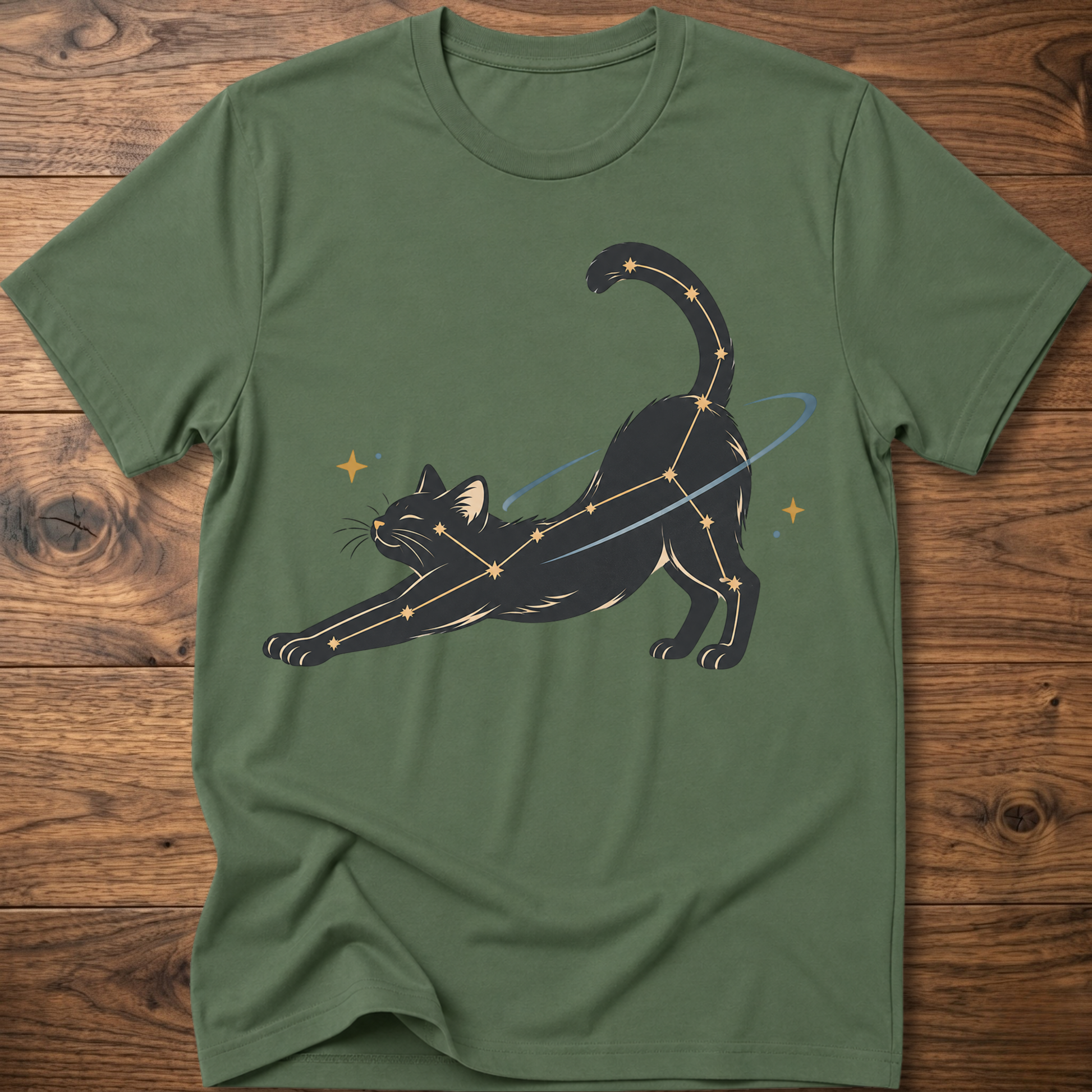 Military green cat constellation T-shirt with illustrated cat and star accents holding a wand