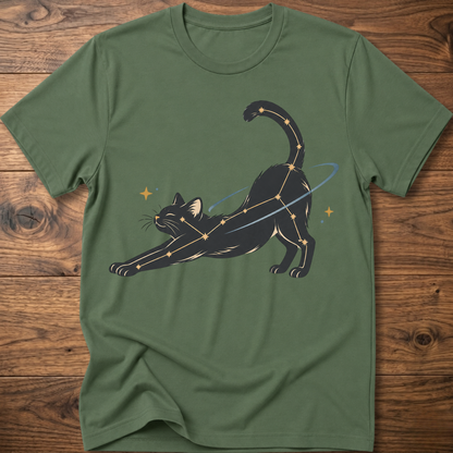 Military green cat constellation T-shirt with illustrated cat and star accents holding a wand