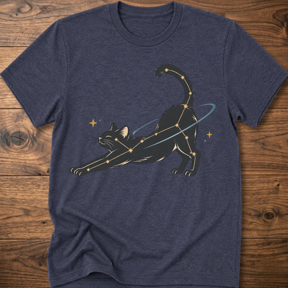Heather navy cat constellation T-shirt with illustrated cat and star accents holding a wand