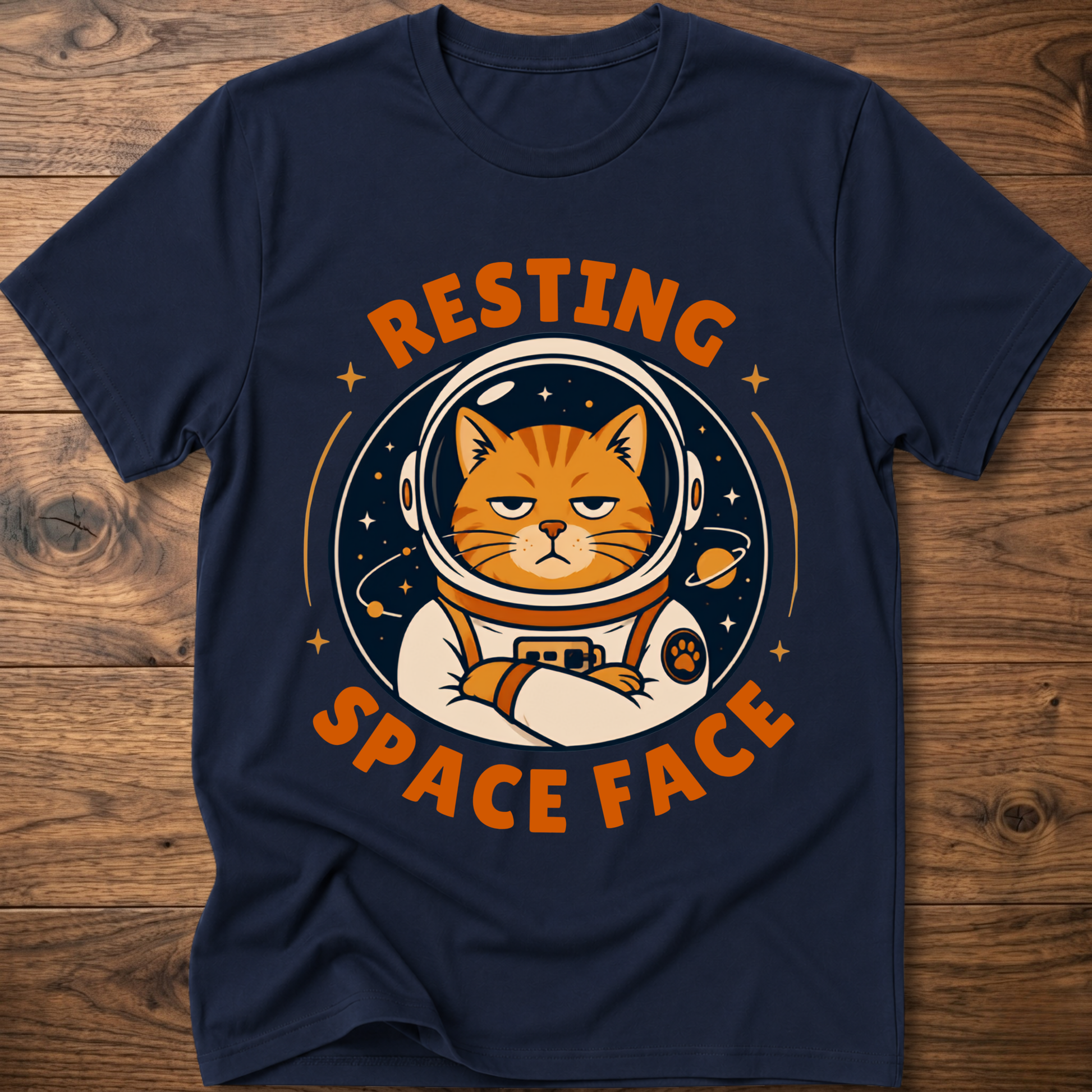 Navy cat astronaut graphic t-shirt with circular helmet design and orange text