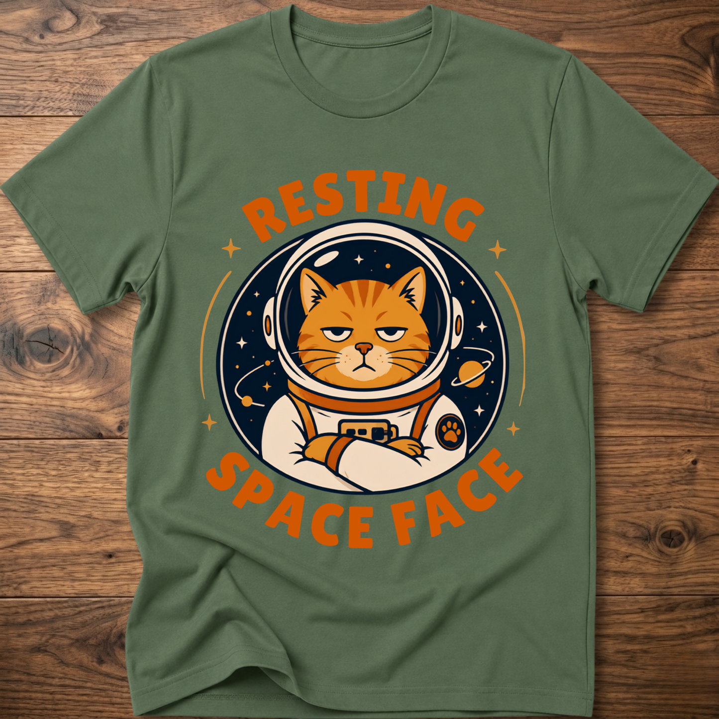 Military green cat astronaut graphic t-shirt with circular helmet design and orange text
