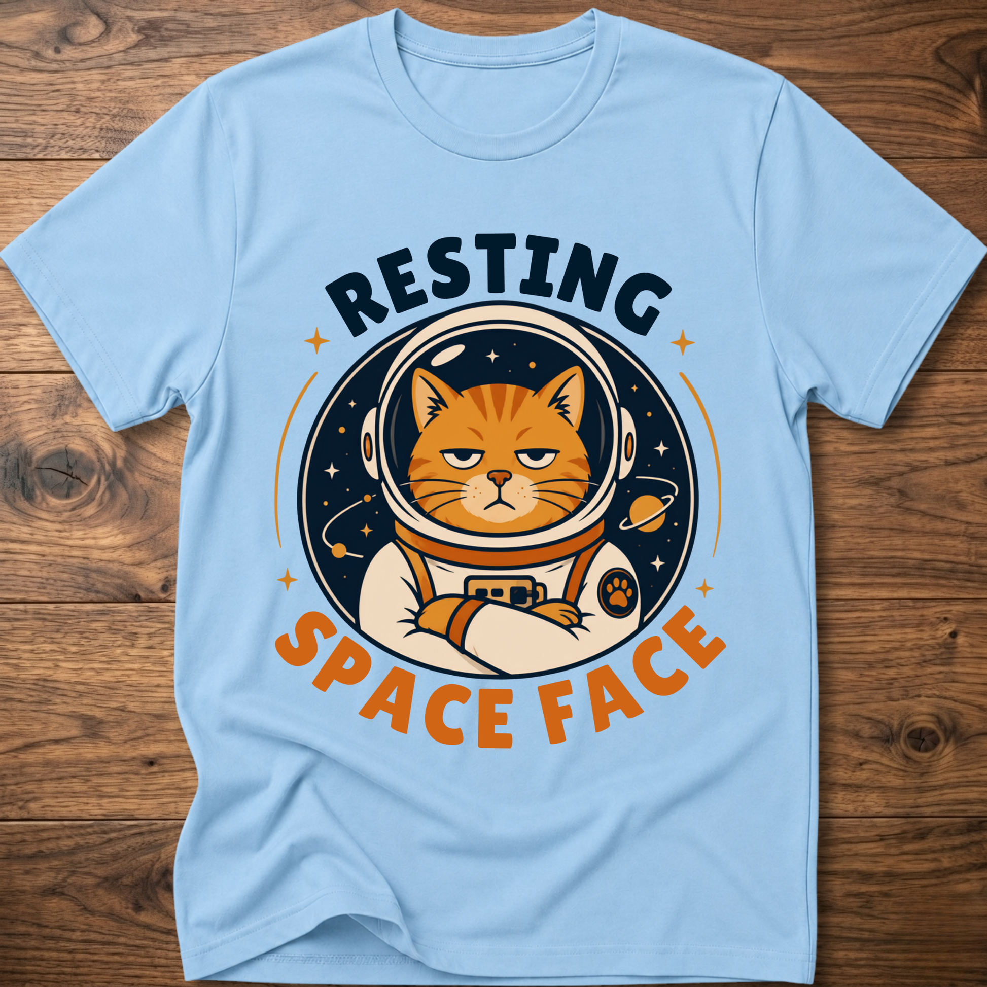 Light blue cat astronaut graphic t-shirt with RESTING and SPACE FACE text