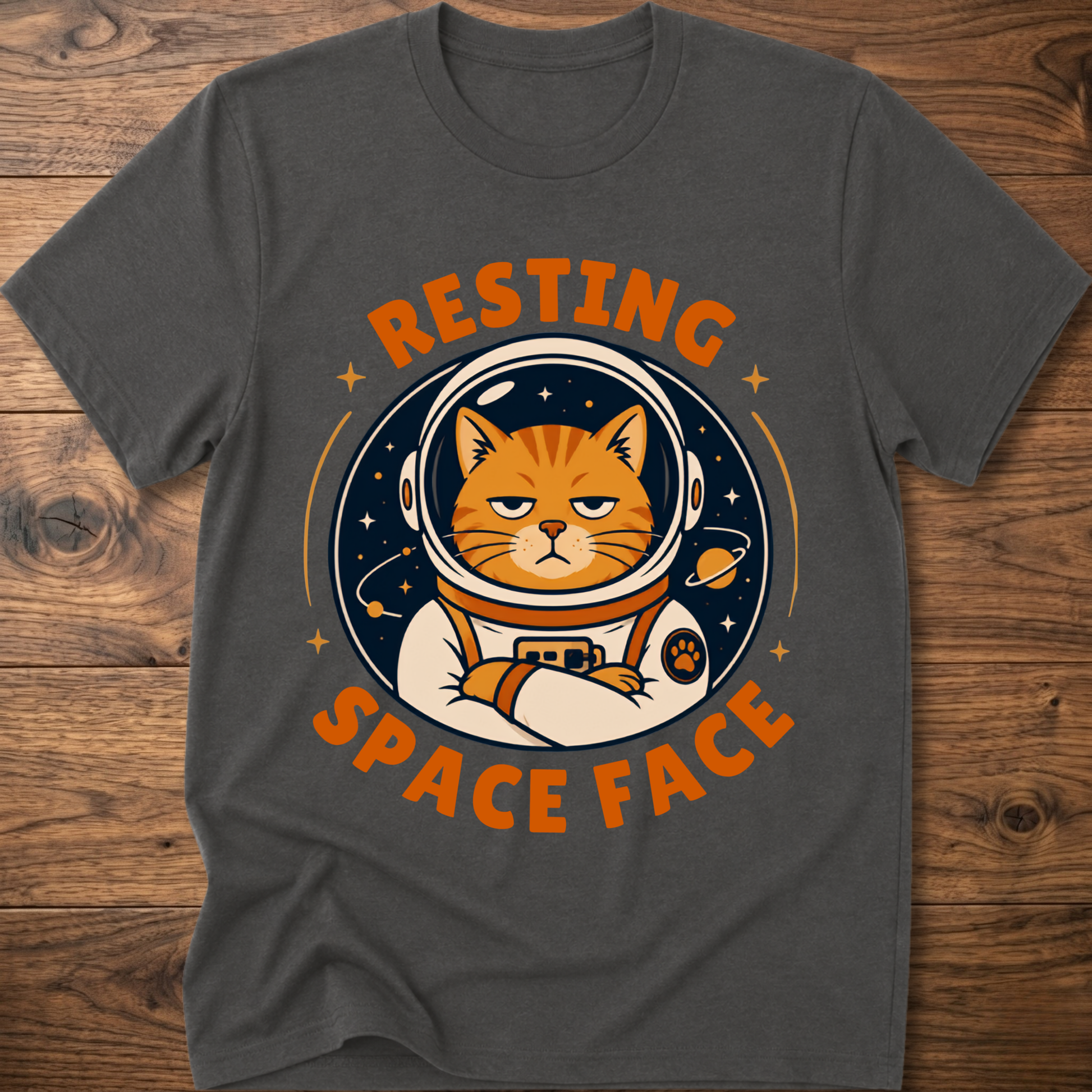 Charcoal resting space face graphic t-shirt with cat astronaut and orange lettering
