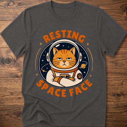 Charcoal resting space face graphic t-shirt with cat astronaut and orange lettering