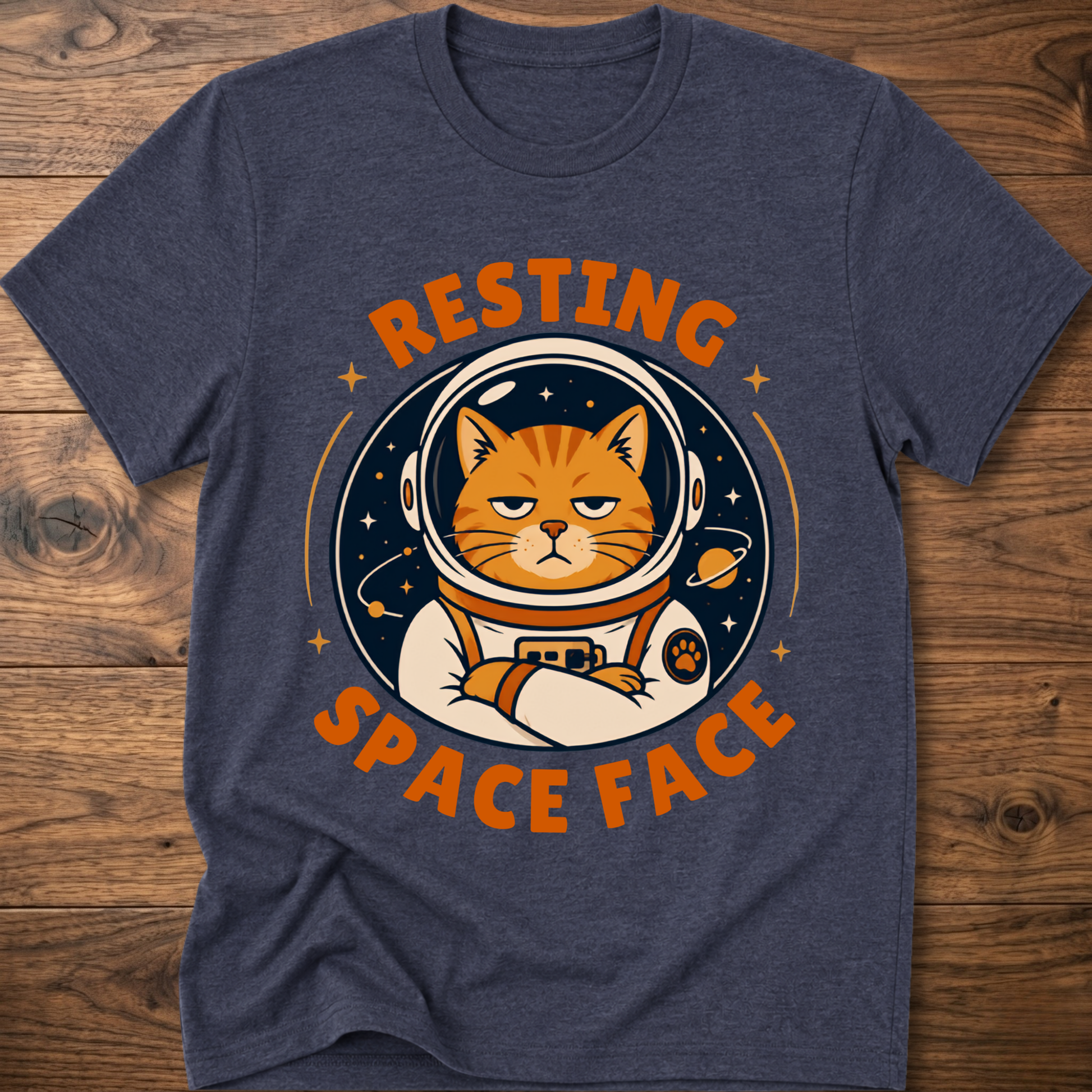 Heather navy cat astronaut graphic t-shirt with circular helmet design and orange text