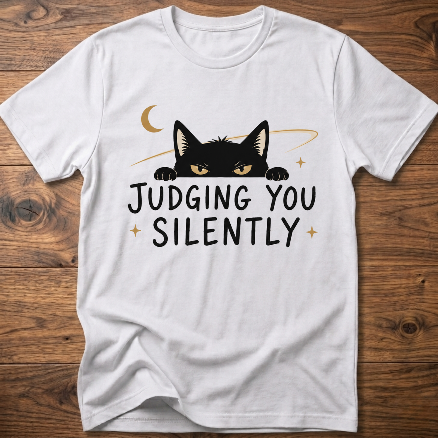 White cat graphic T-shirt with 'JUDGING YOU SILENTLY' front text
