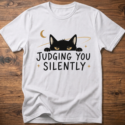 White cat graphic T-shirt with 'JUDGING YOU SILENTLY' front text