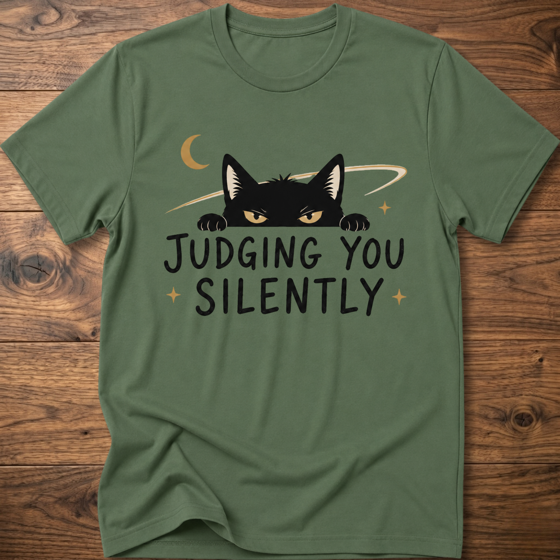 Military green cat graphic T-shirt, 'JUDGING YOU SILENTLY' front print