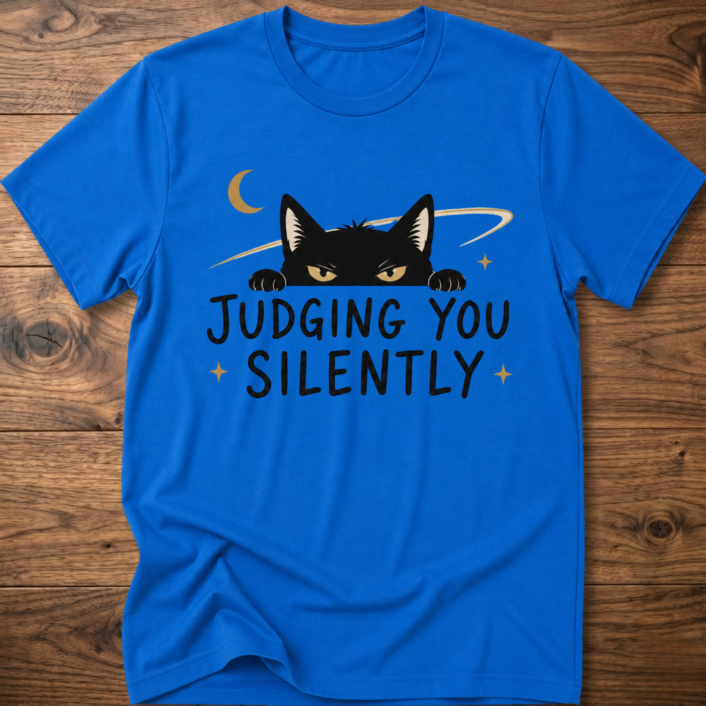 Royal blue cat graphic T-shirt, 'JUDGING YOU SILENTLY' front design