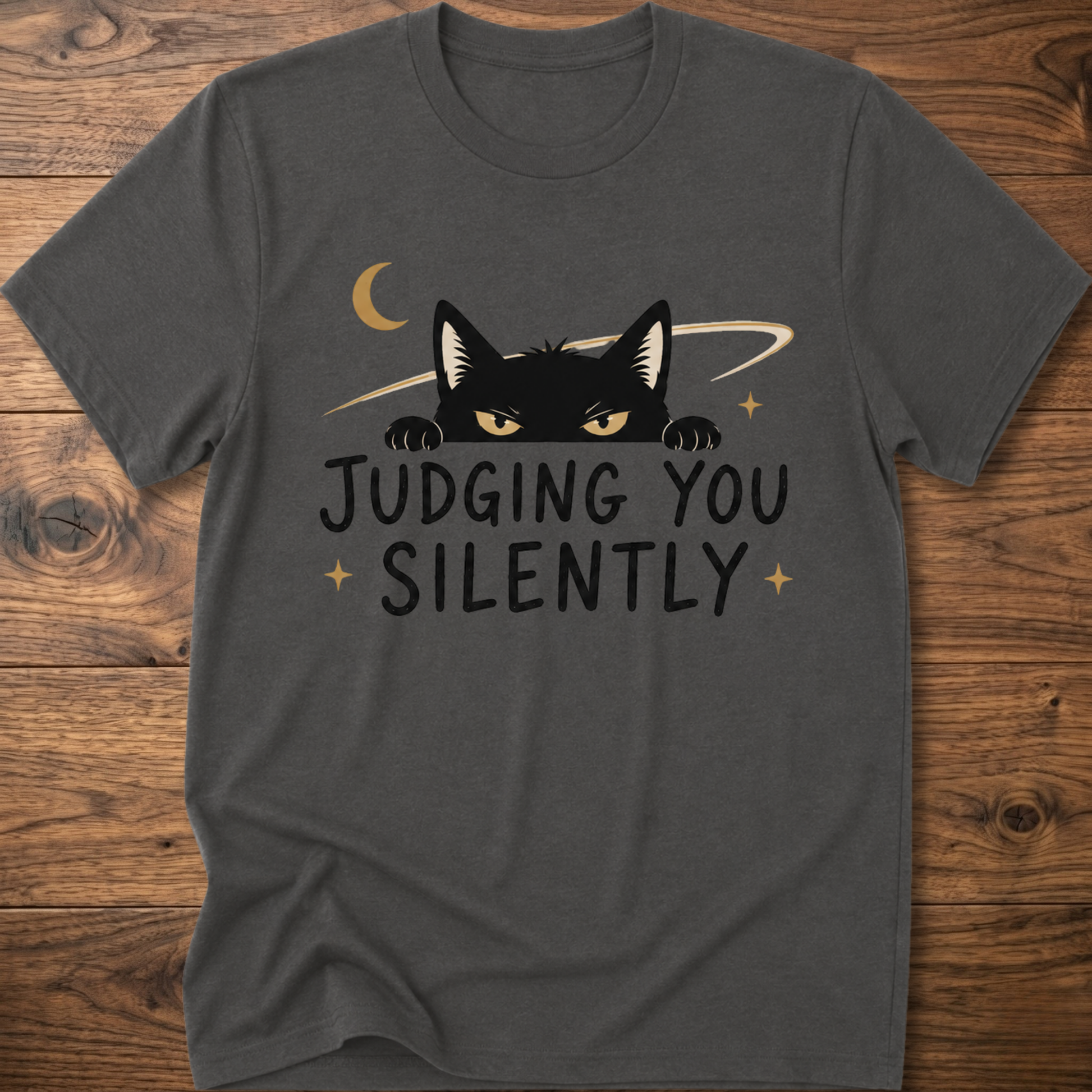 Dark heather gray cat graphic T-shirt with 'JUDGING YOU SILENTLY' front print