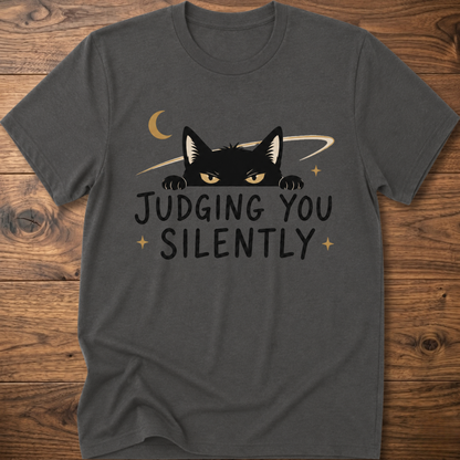 Dark heather gray cat graphic T-shirt with 'JUDGING YOU SILENTLY' front print