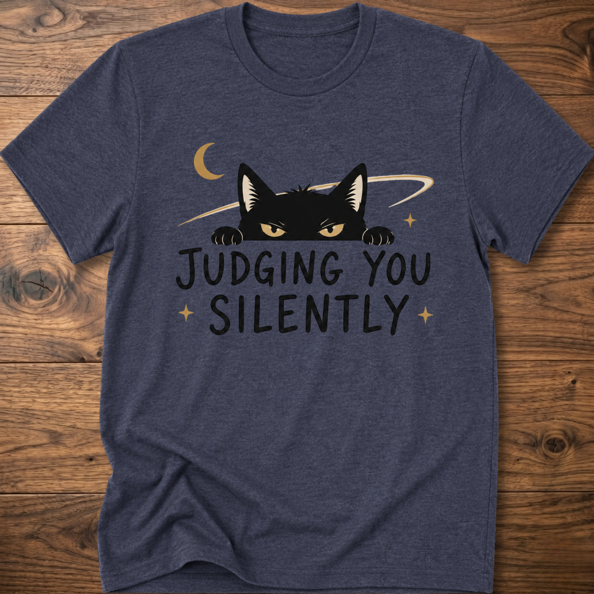 Heather indigo crew-neck cat graphic T-shirt, 'JUDGING YOU SILENTLY' front