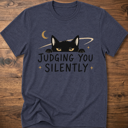 Heather indigo crew-neck cat graphic T-shirt, 'JUDGING YOU SILENTLY' front