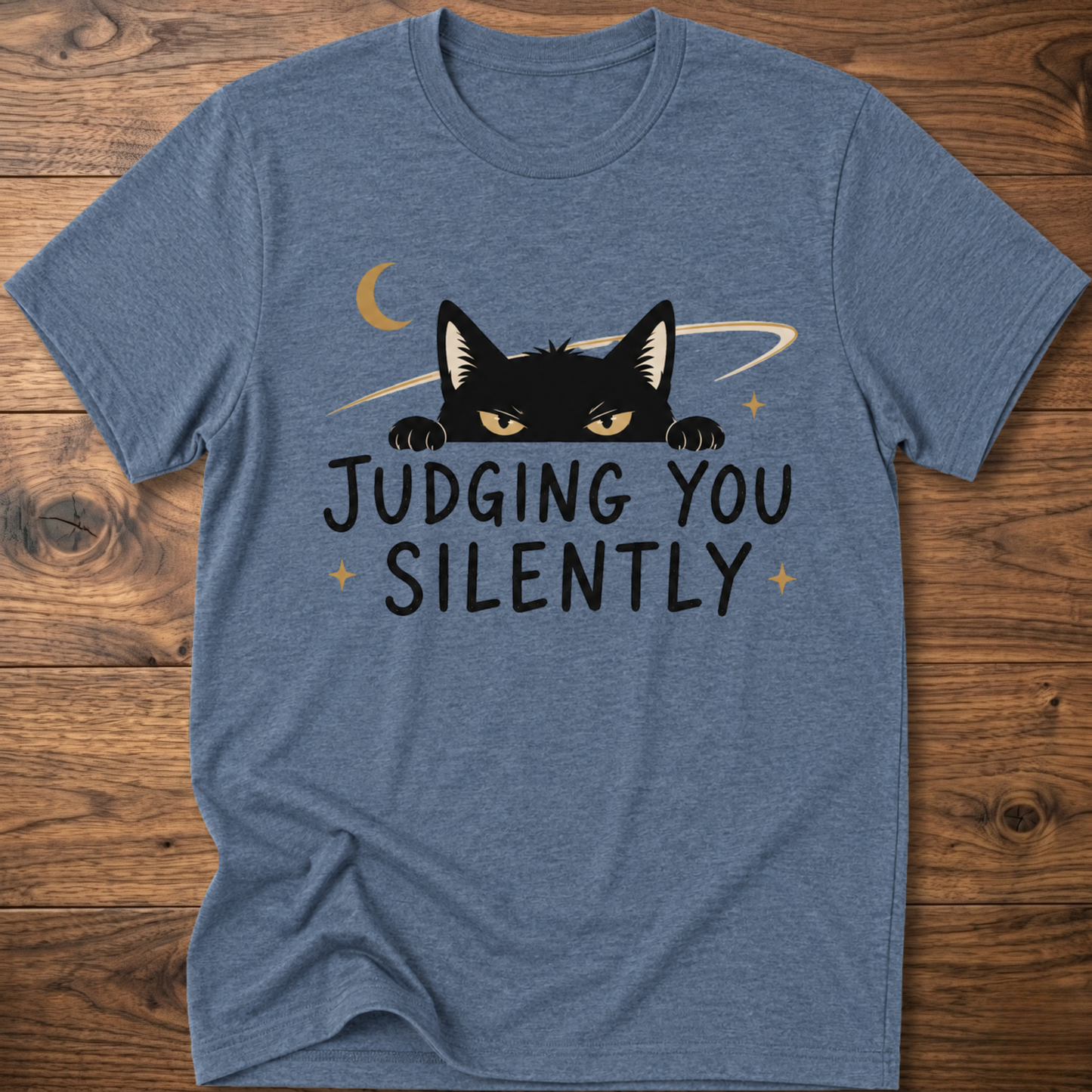 Heather indigo cat graphic T-shirt, 'JUDGING YOU SILENTLY' front text