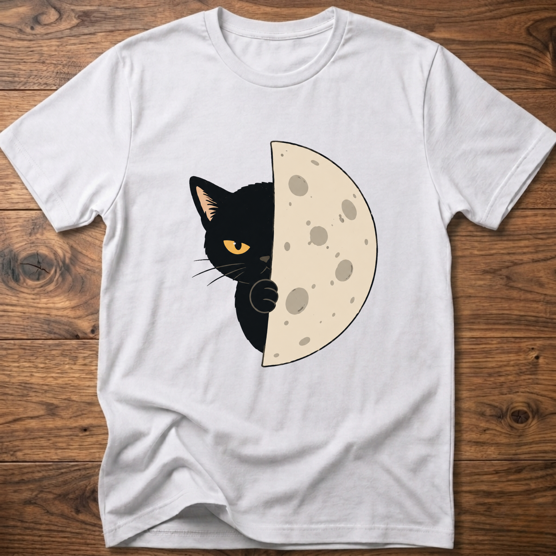 White cat-and-moon graphic T-shirt, crew neck short sleeves