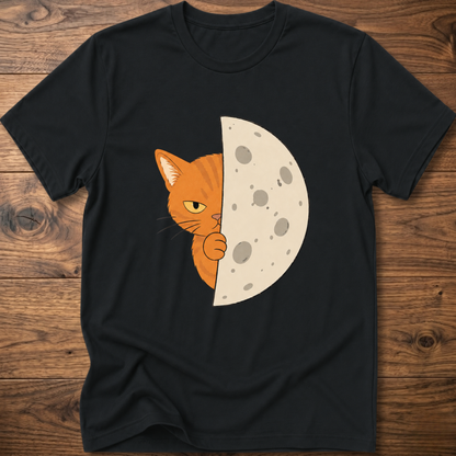 Black cat-and-moon graphic T-shirt, crew neck short sleeves