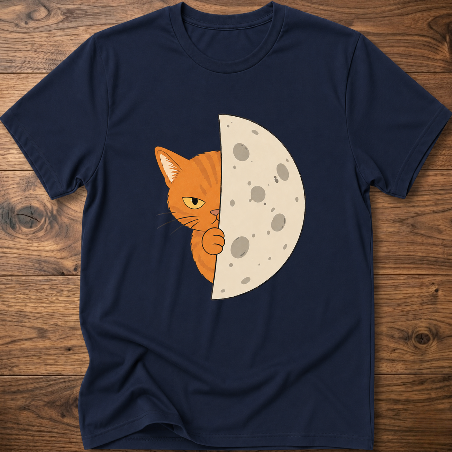 Navy cat-and-moon graphic T-shirt, crew neck short sleeves