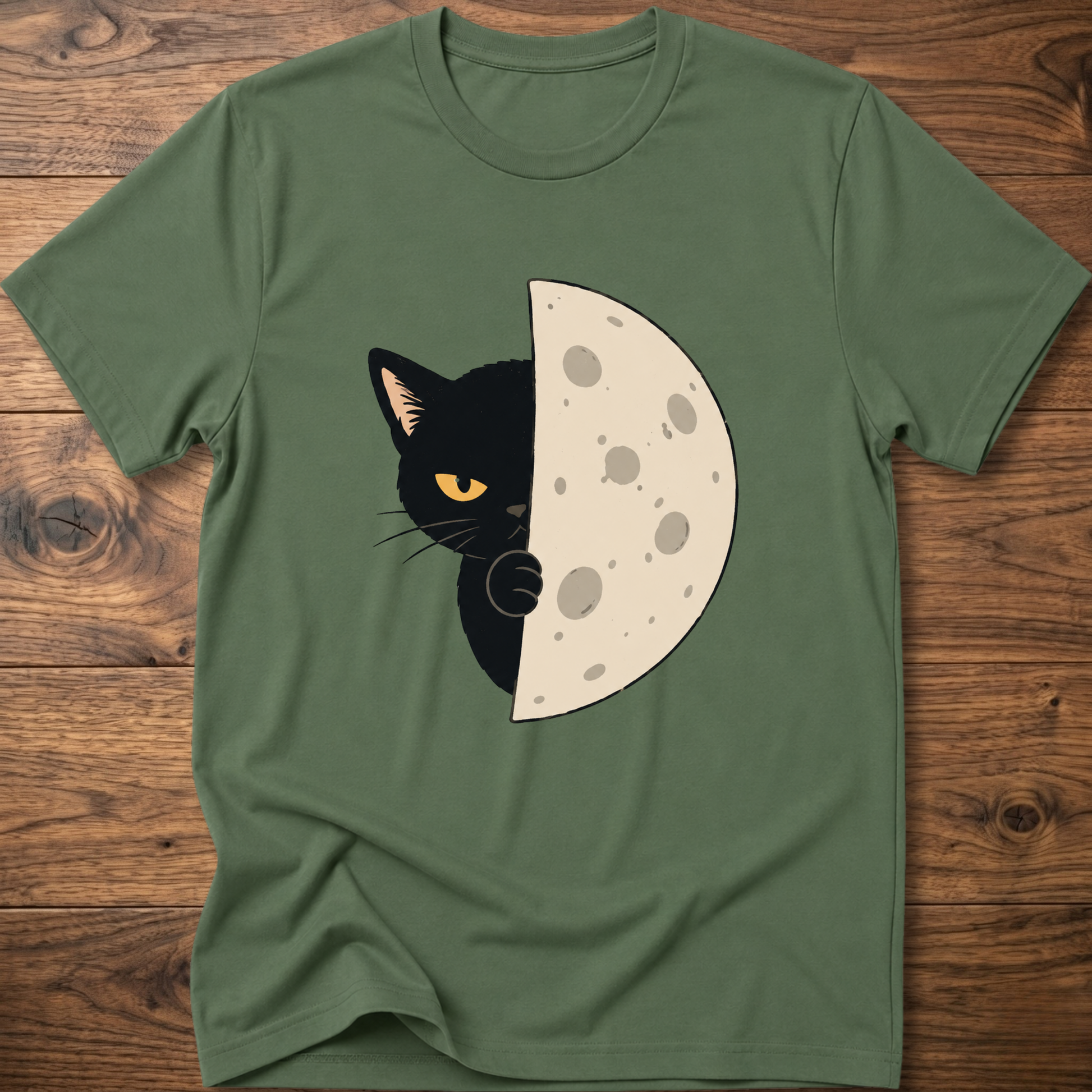Military green cat-and-moon graphic T-shirt, crew neck short sleeves