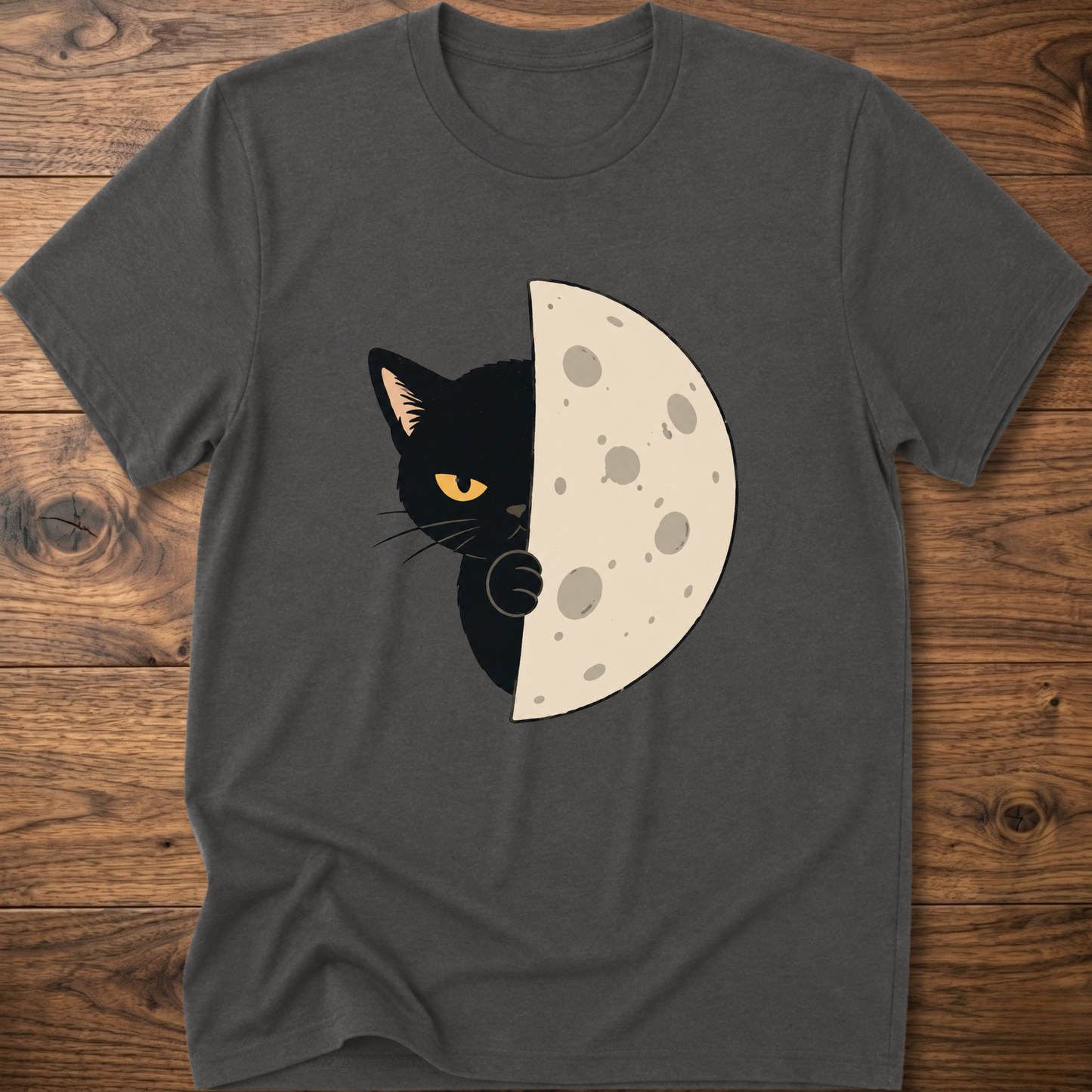 Charcoal cat-and-moon graphic T-shirt, crew neck short sleeves