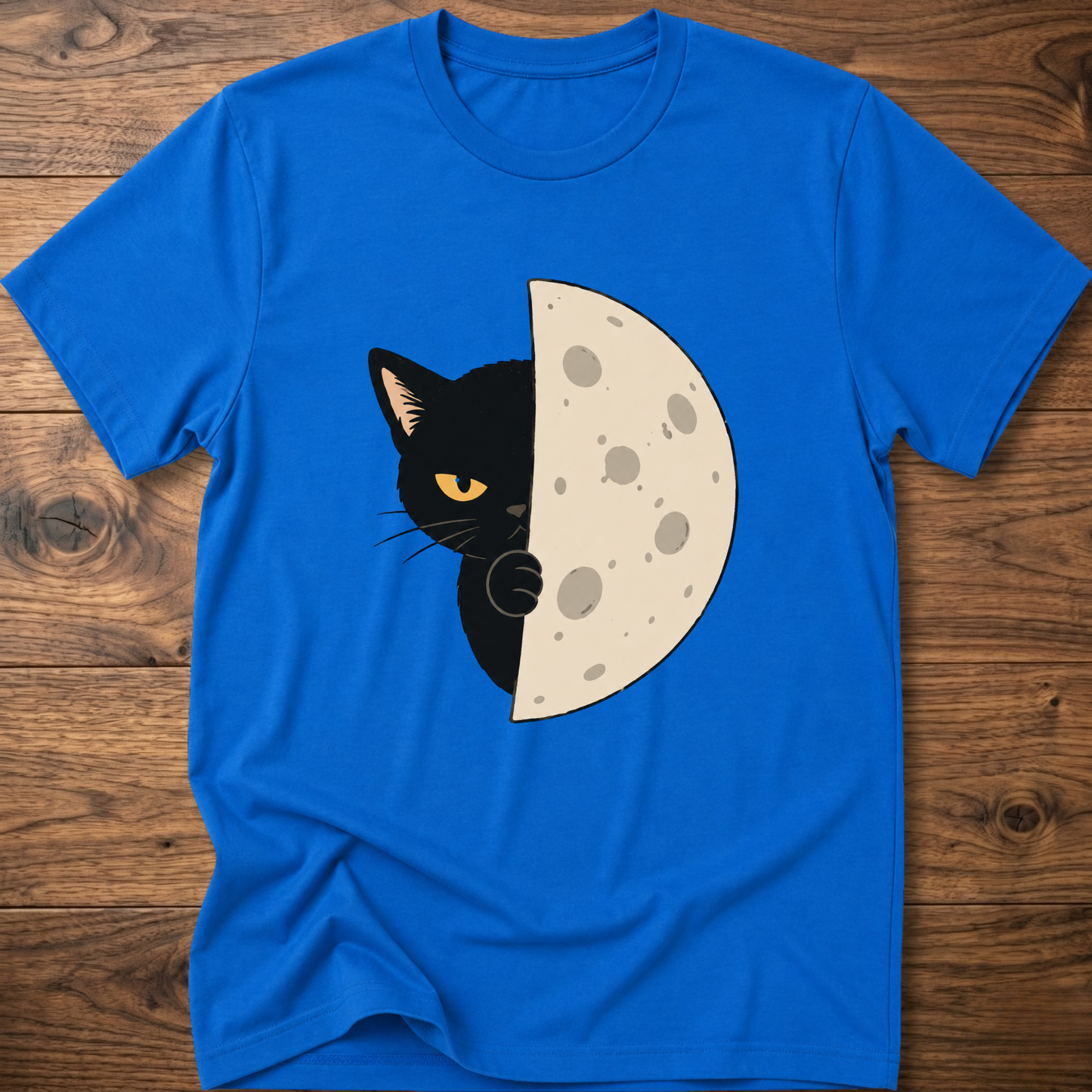 Royal blue cat-and-moon graphic T-shirt, crew neck with short sleeves