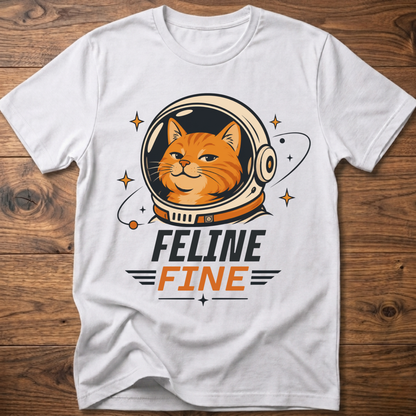 White cat astronaut t-shirt with 'Feline Fine' logo