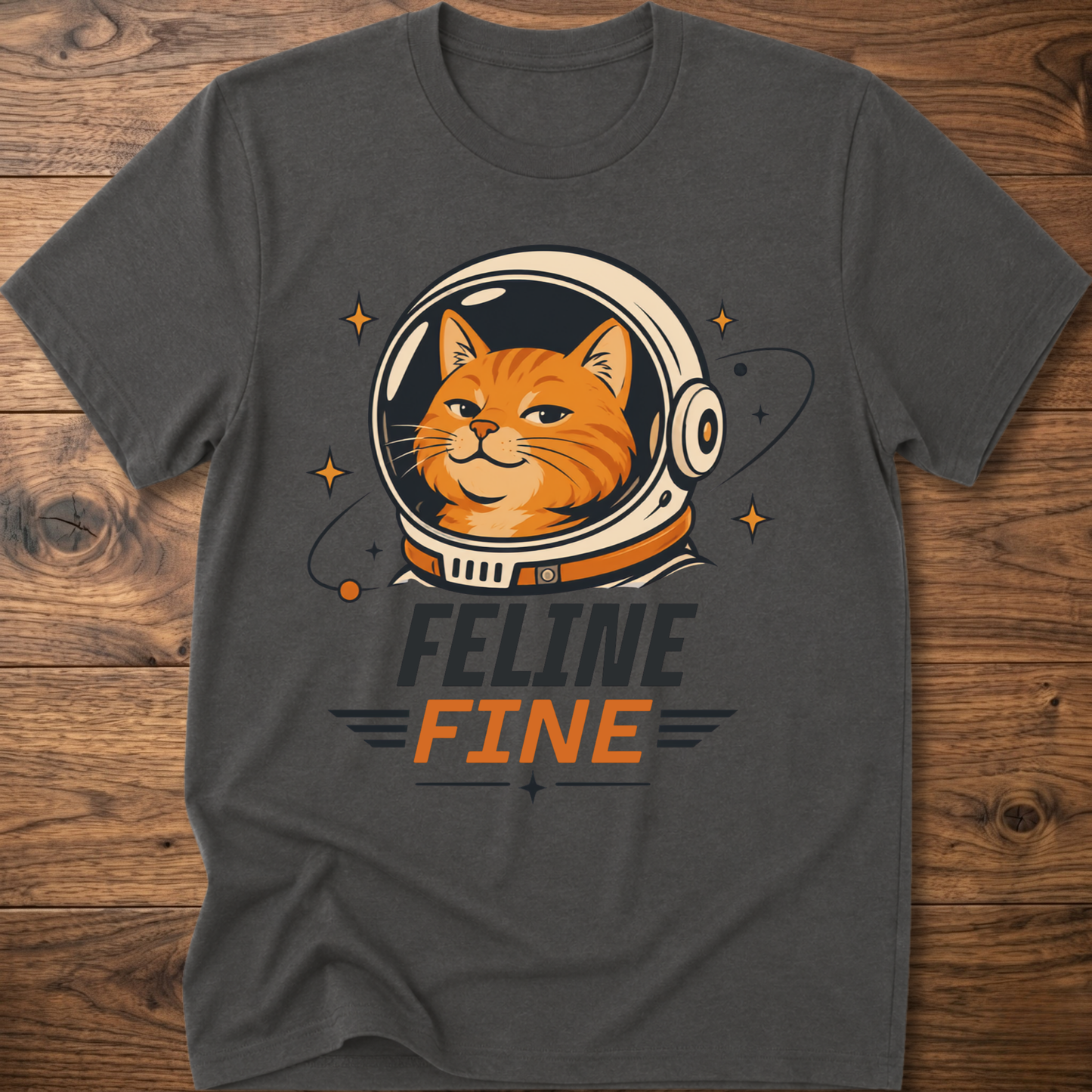 Charcoal cat astronaut t-shirt with 'Feline Fine' logo
