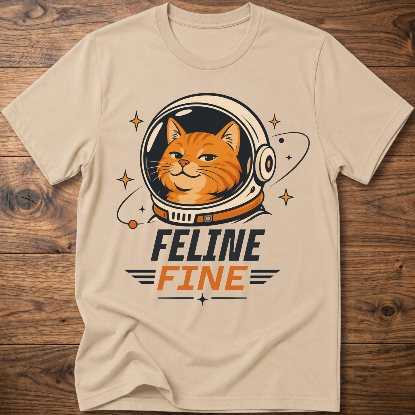 Beige cat astronaut t-shirt with 'Feline Fine' logo