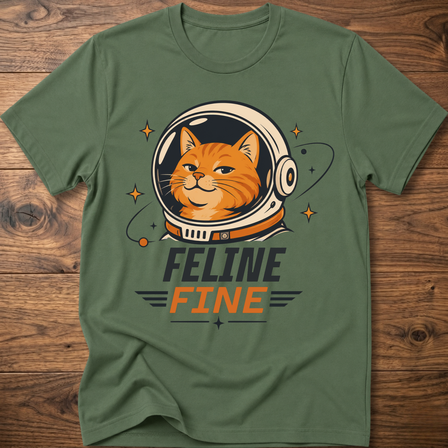 Military green cat astronaut t-shirt with 'Feline Fine' logo