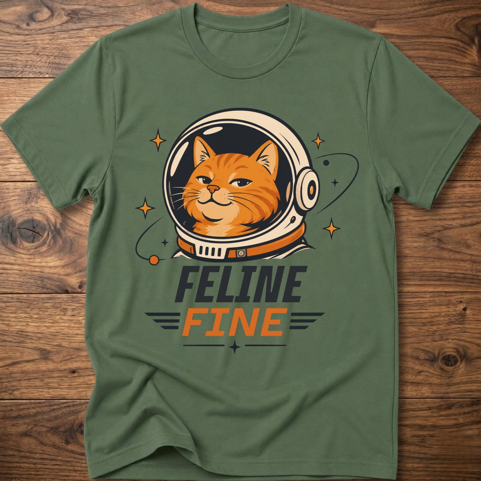 Military green cat astronaut t-shirt with 'Feline Fine' logo