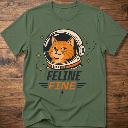Military green cat astronaut t-shirt with 'Feline Fine' logo