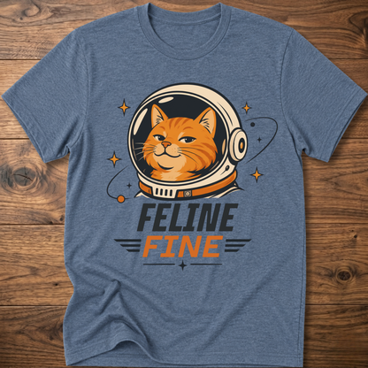Heather indigo cat astronaut t-shirt with 'Feline Fine' logo