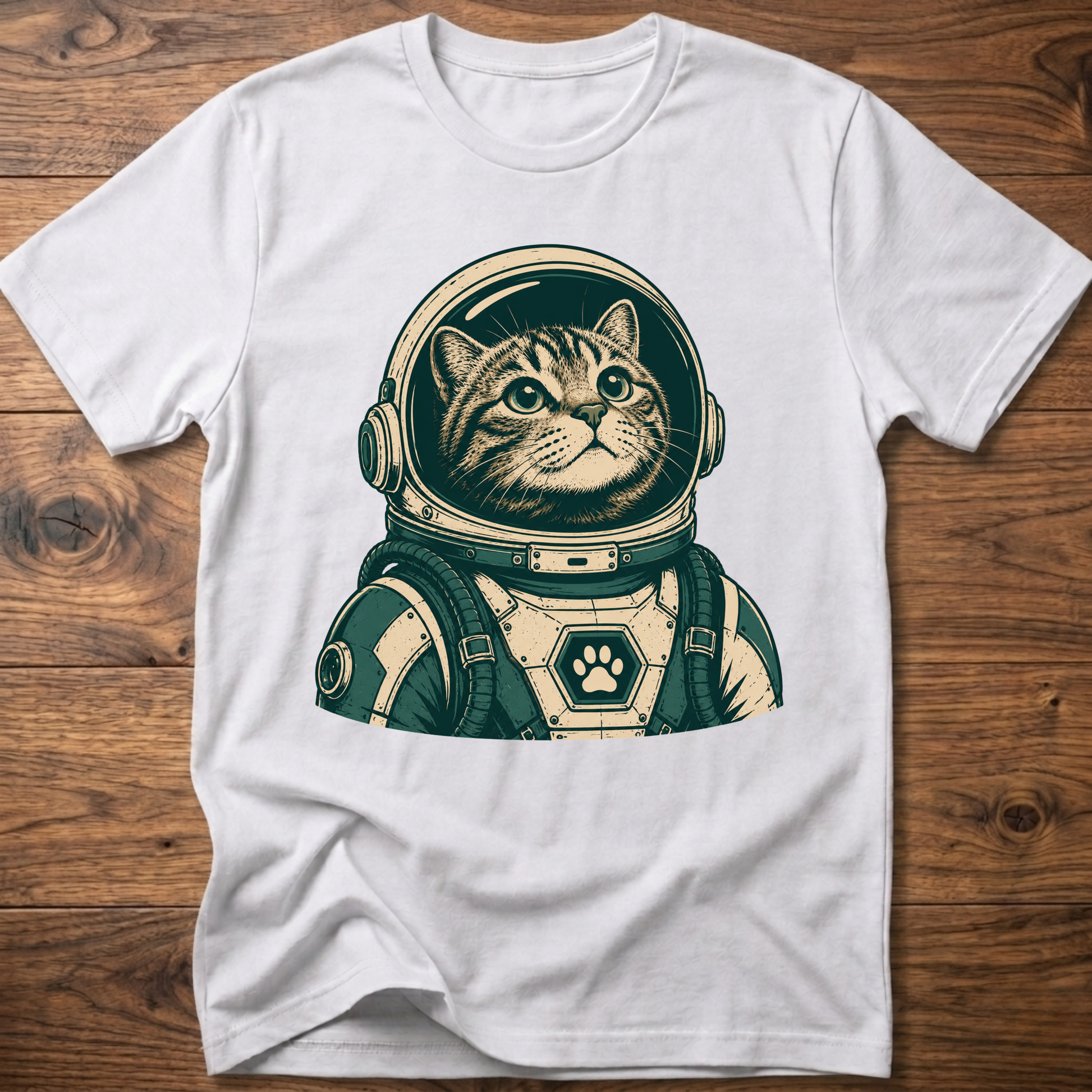 White short-sleeve t-shirt with retro astronaut cat graphic on front