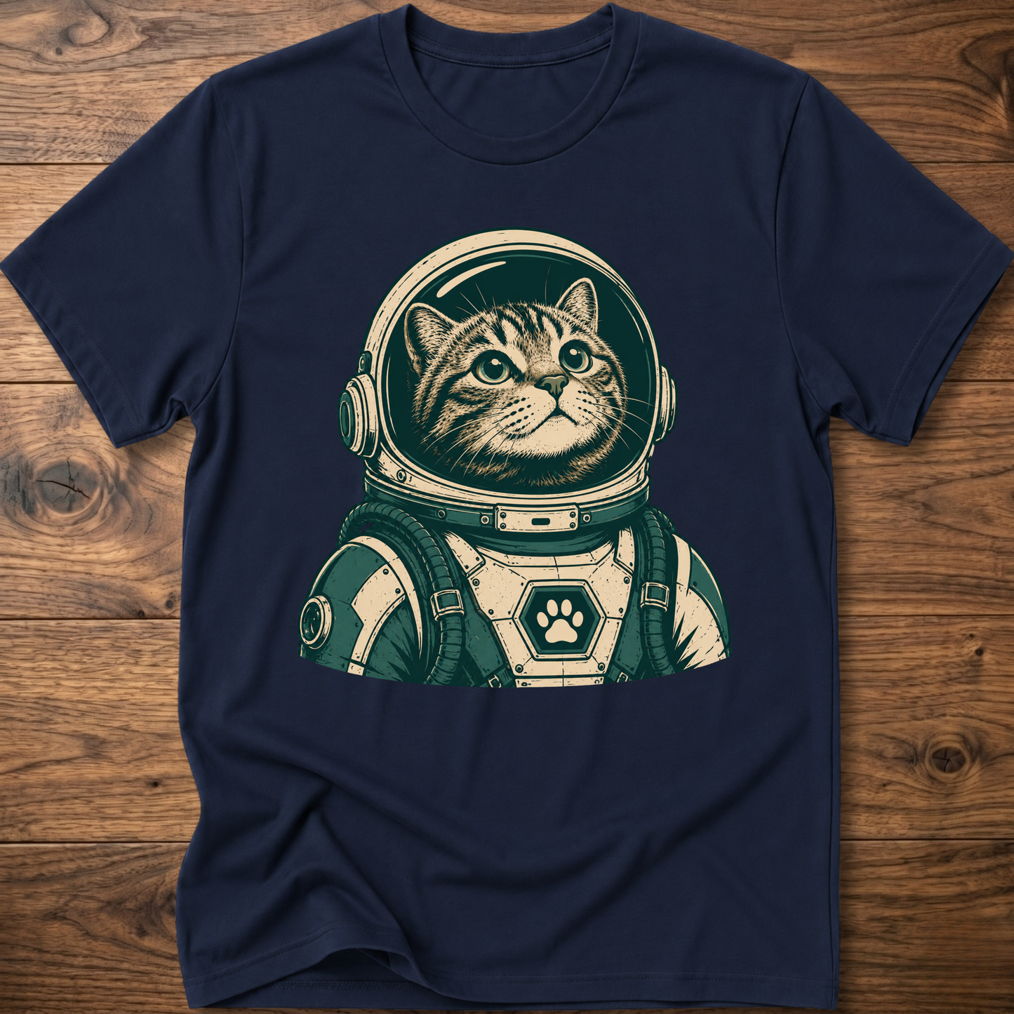 Navy short-sleeve t-shirt with retro astronaut cat graphic on front