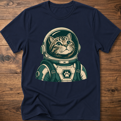 Navy short-sleeve t-shirt with retro astronaut cat graphic on front