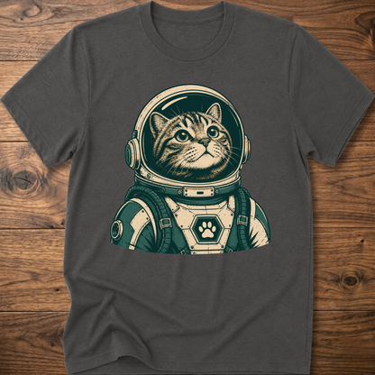 Charcoal gray short-sleeve t-shirt with retro astronaut cat graphic on front
