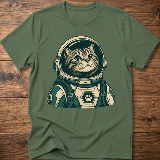 Military green short-sleeve t-shirt with retro astronaut cat graphic on front