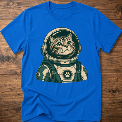 Royal blue short-sleeve t-shirt with retro astronaut cat graphic on front