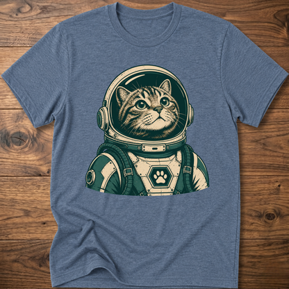 Heather blue short-sleeve t-shirt with retro astronaut cat graphic on front
