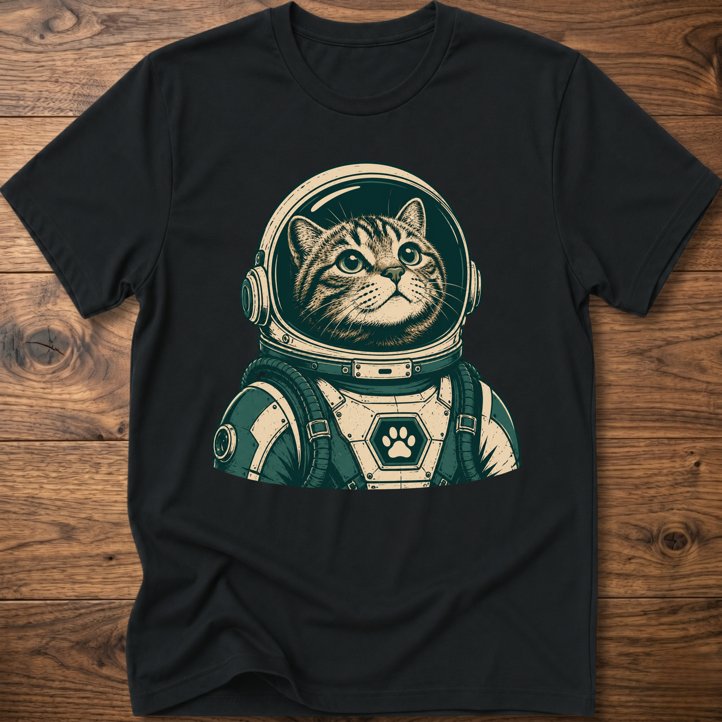 Black short-sleeve t-shirt with retro astronaut cat graphic on front