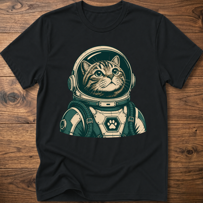Black short-sleeve t-shirt with retro astronaut cat graphic on front