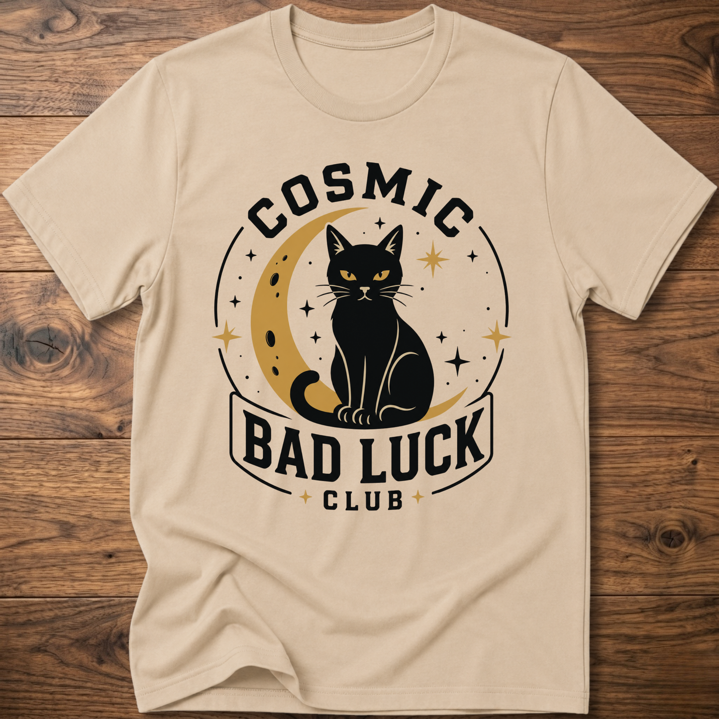 Sand T-shirt with black cat cosmic circle logo and "Bad Luck Club" front print