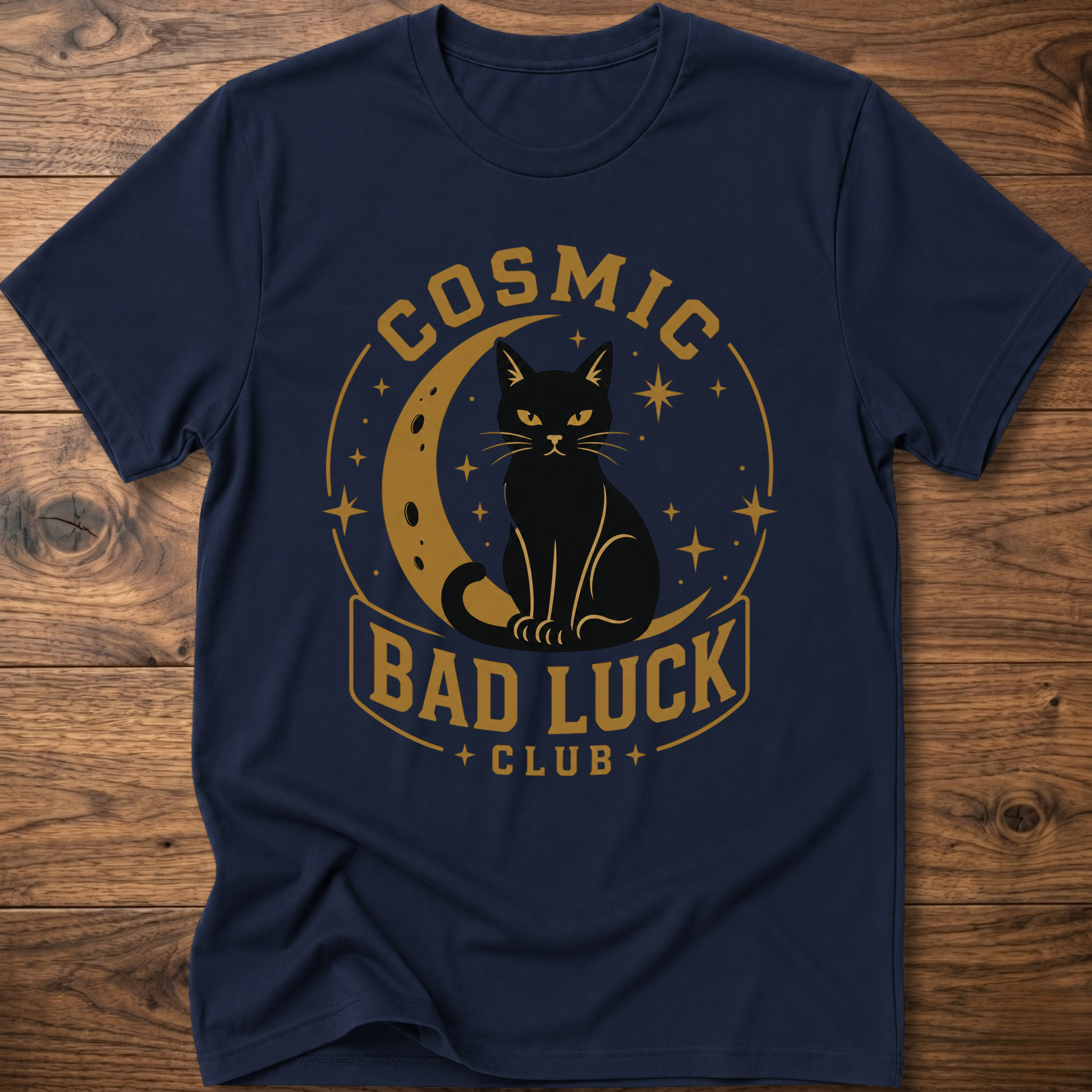 Royal blue T-shirt with black cat cosmic circle graphic and "Bad Luck Club" front print